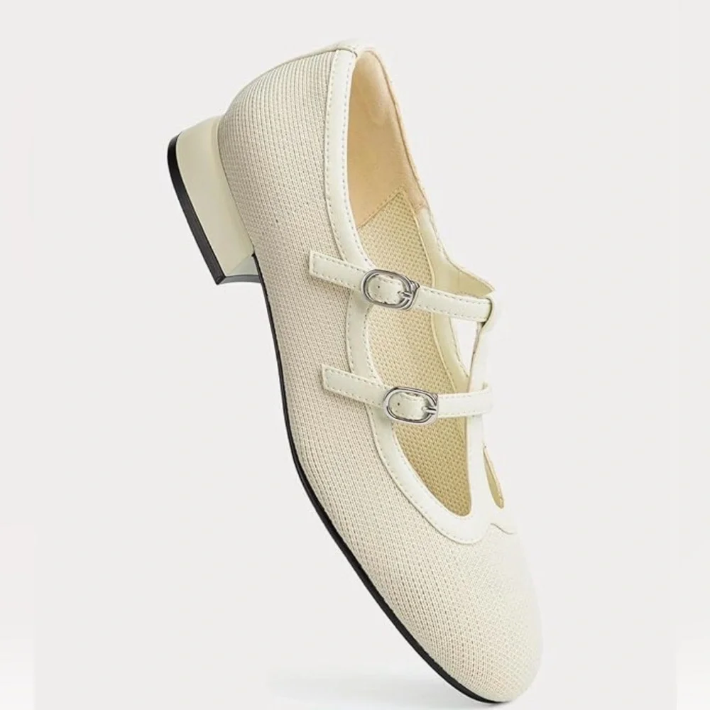 NWT Flabelus Cosy Island Mary Janes, Double Strap Light Cream Recycled Knit Sz 8 - Picture 6 of 12